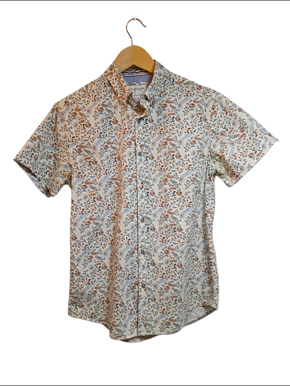 Denim & Flower Short-Sleeve Floral Button-Down — White, Brown, Blue